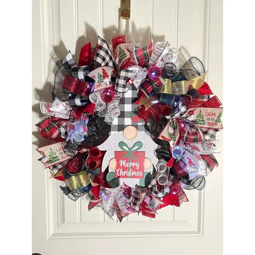 Handmade Merry Christmas Gnome Holiday Ribbon Door Wreath 22 ins W45